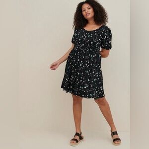 Torrid Mini Jersey Smocked Puff Sleeve Dress Floral Black Dress size 1